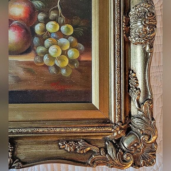 Renoir-Baroque-style Fruit Oil? Painting Signed Ornate Golden Frame 15x14x2 - Picture 3 of 8